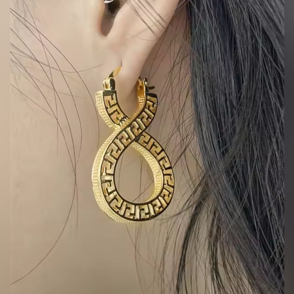 18K Gold Infinity Shape Hoop Style Earrings With Greek Style Design - Picture 3 of 7